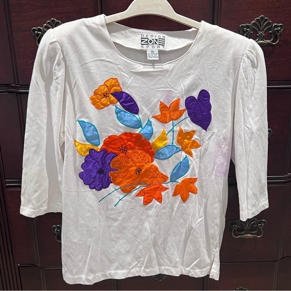 Women’s Vintage 80s Design Zone Sport Floral Short Sleeve Shirt Top Size Medium